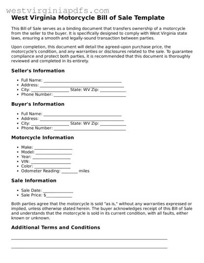 Free Motorcycle Bill of Sale Document for West Virginia State