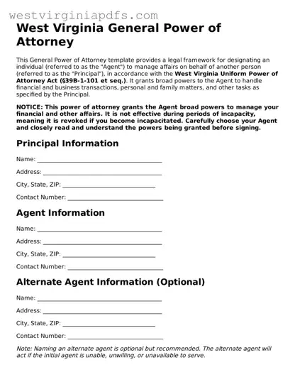 Free General Power of Attorney Document for West Virginia State