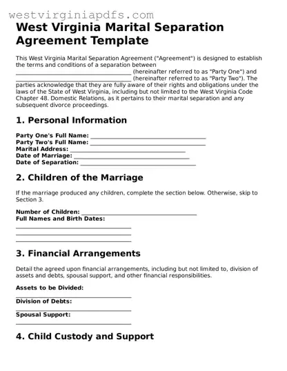 Free Marital Separation Agreement Document for West Virginia State