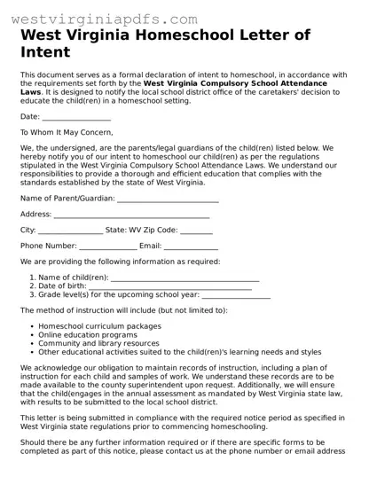 Free Homeschool Letter of Intent Document for West Virginia State