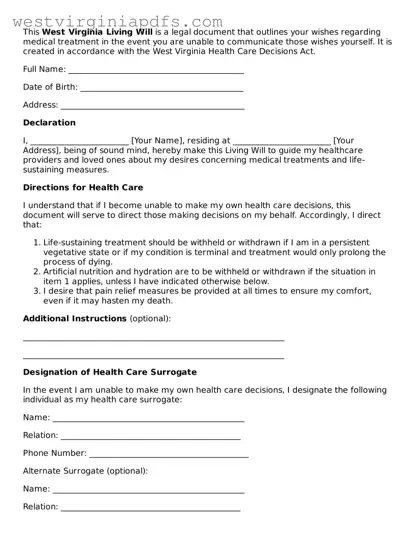 Free Living Will Document for West Virginia State