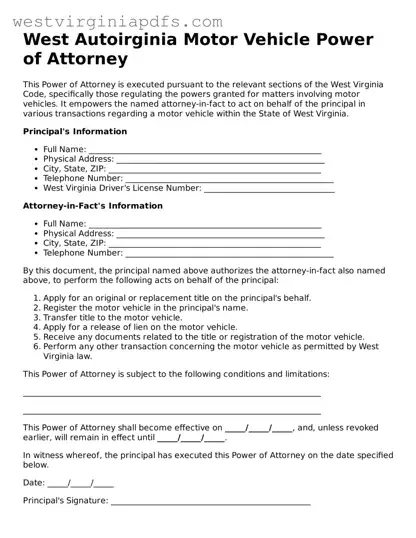 Free Motor Vehicle Power of Attorney Document for West Virginia State