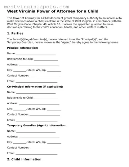 Free Power of Attorney for a Child Document for West Virginia State