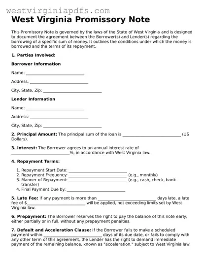 Free Promissory Note Document for West Virginia State
