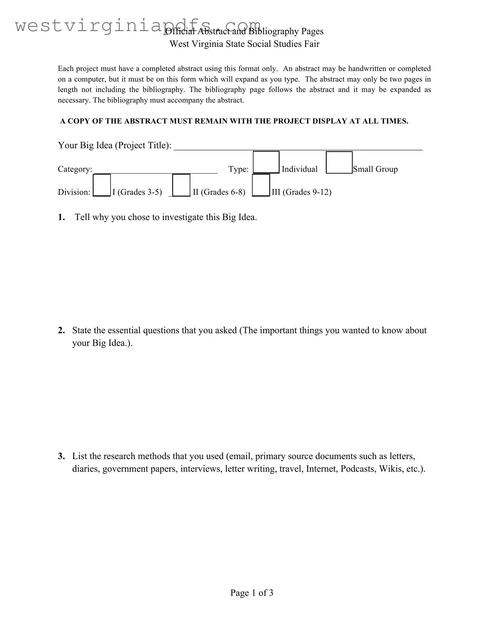 Fill Out a Valid West Virginia Abstract Social Studies Fair Form