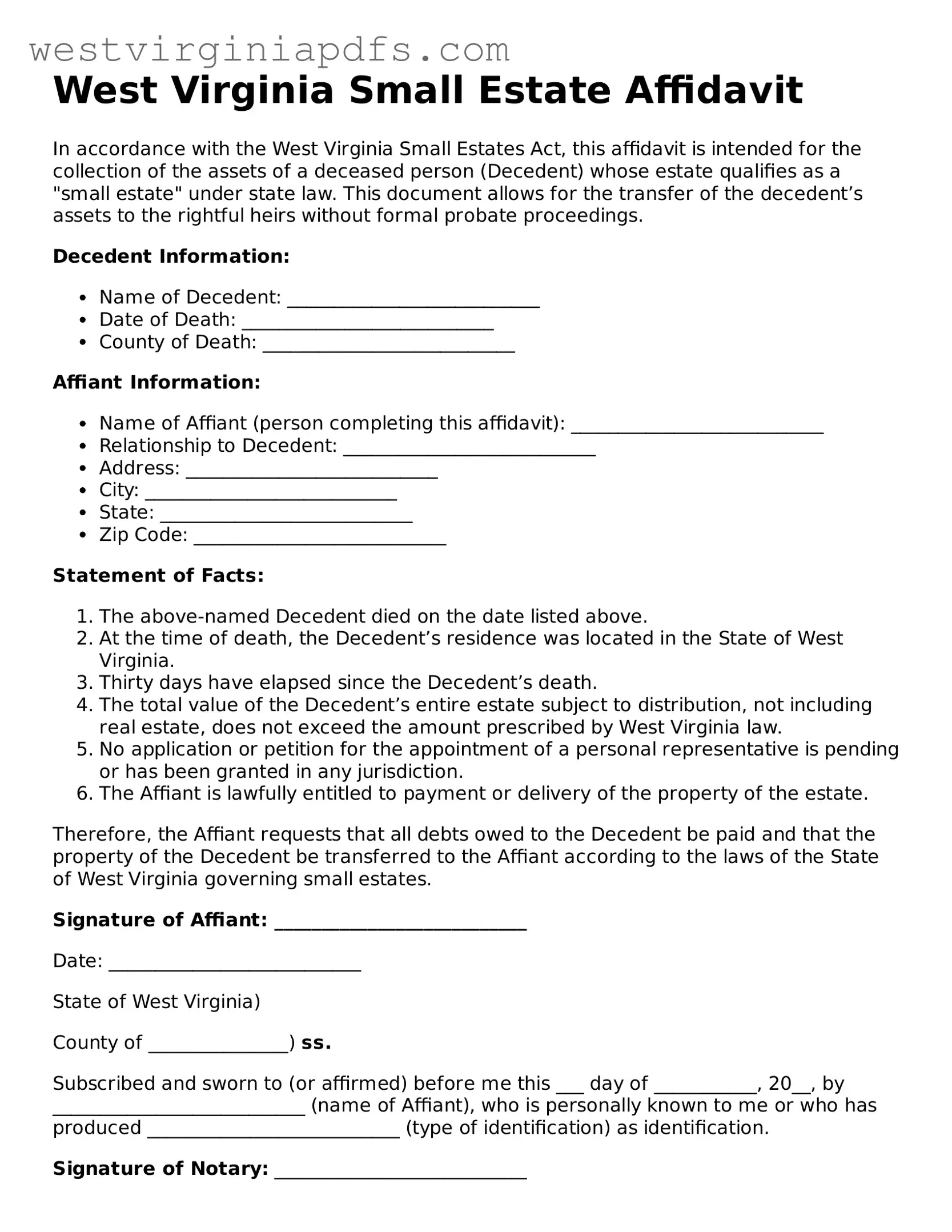 Free Small Estate Affidavit Document for West Virginia State
