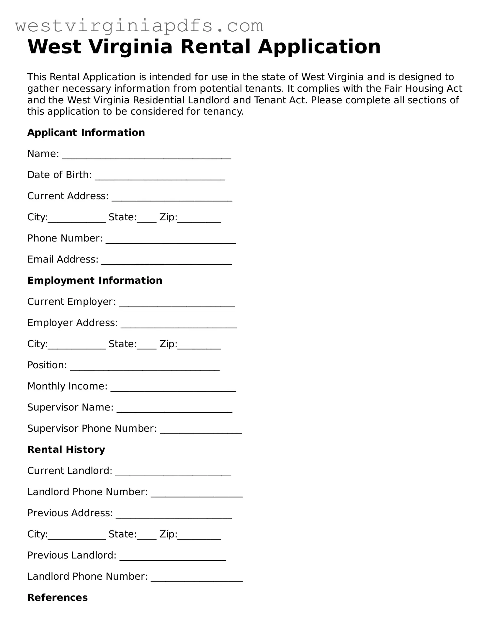 Free Rental Application Document for West Virginia State