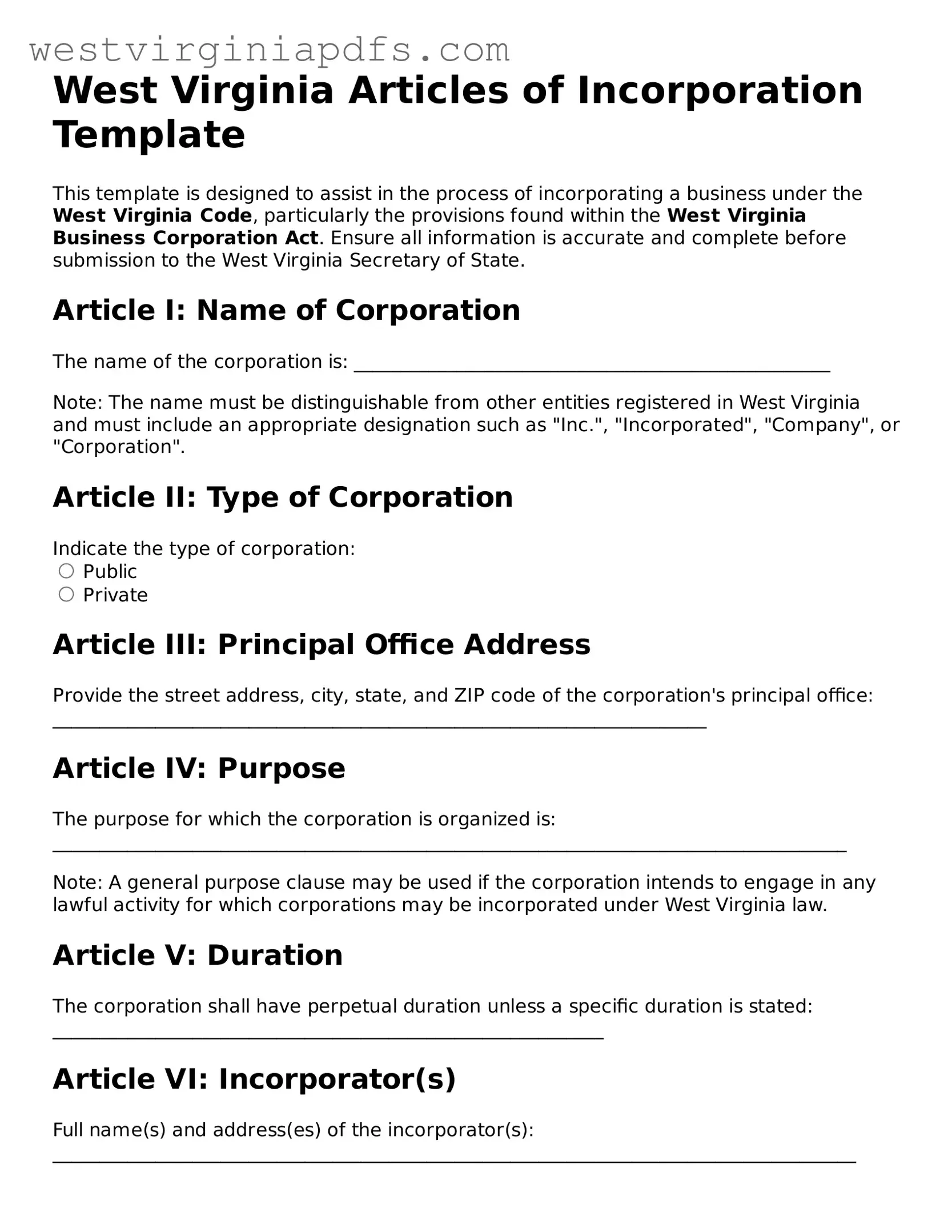 Free Articles of Incorporation Document for West Virginia State