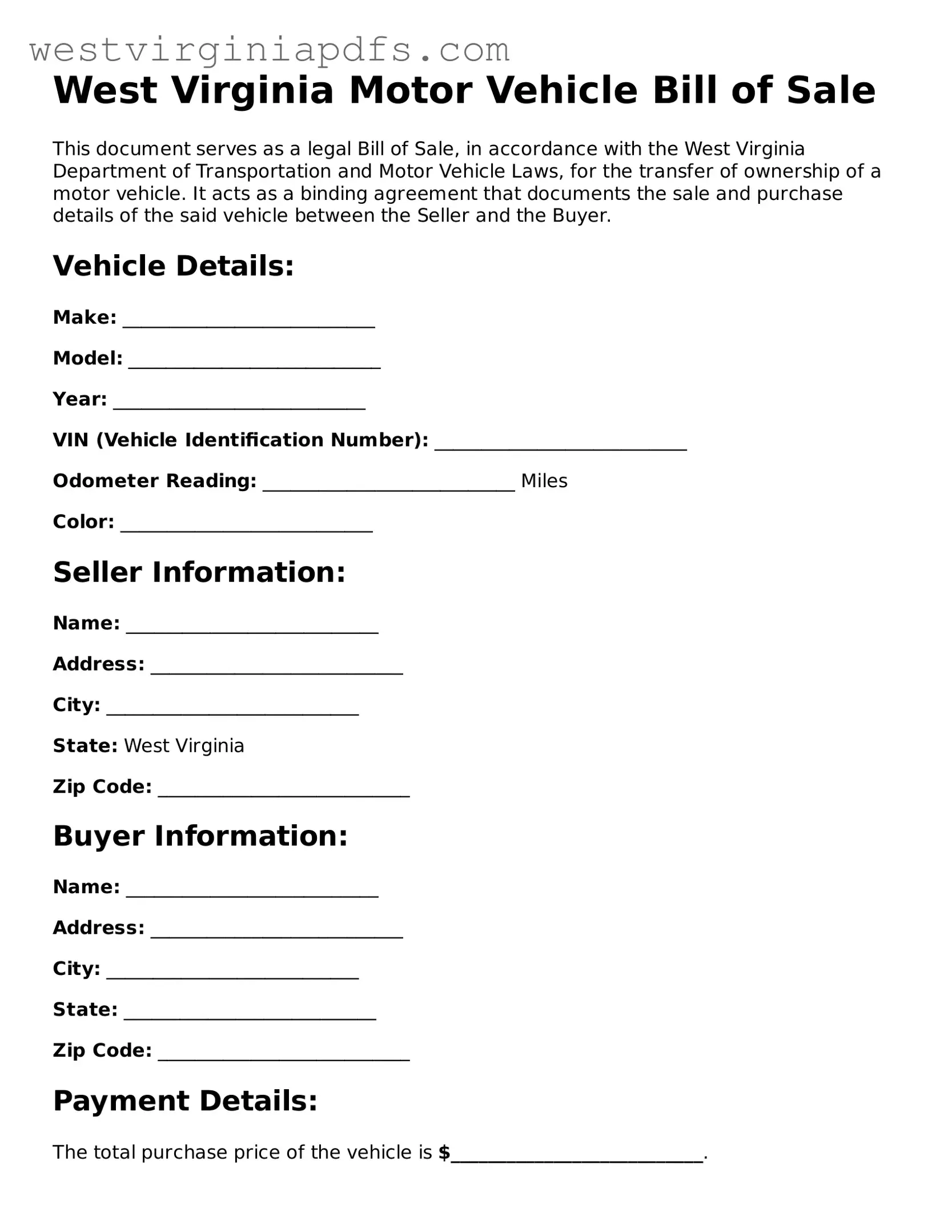 Free Motor Vehicle Bill of Sale Document for West Virginia State