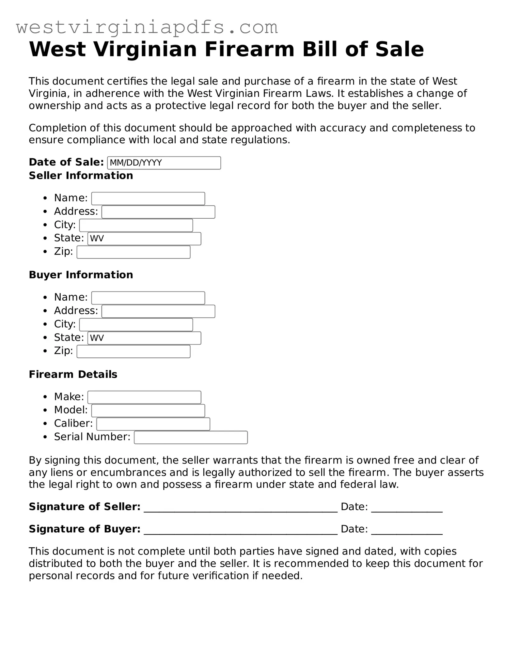 Free Firearm Bill of Sale Document for West Virginia State