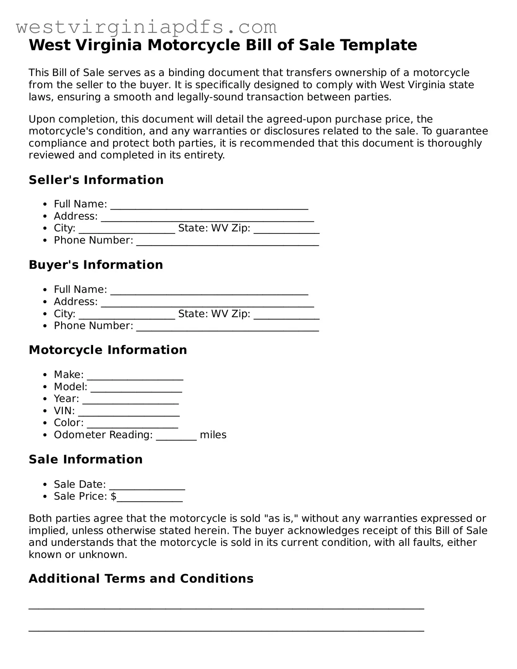 Free Motorcycle Bill of Sale Document for West Virginia State