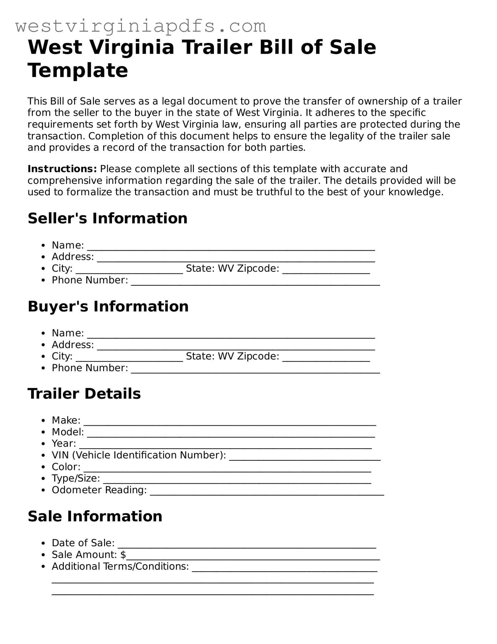 Free Trailer Bill of Sale Document for West Virginia State