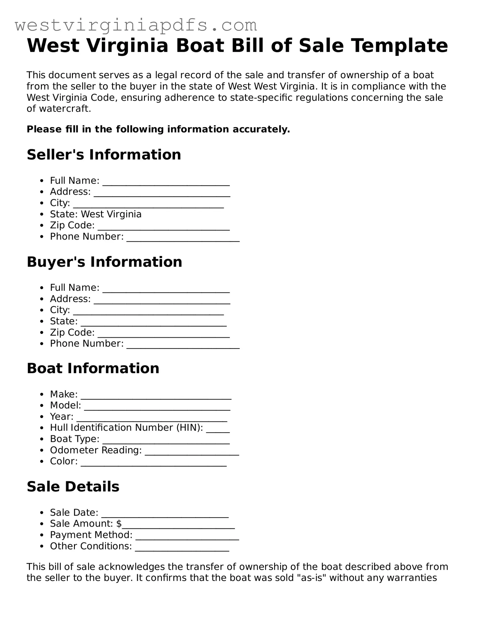 Free Boat Bill of Sale Document for West Virginia State