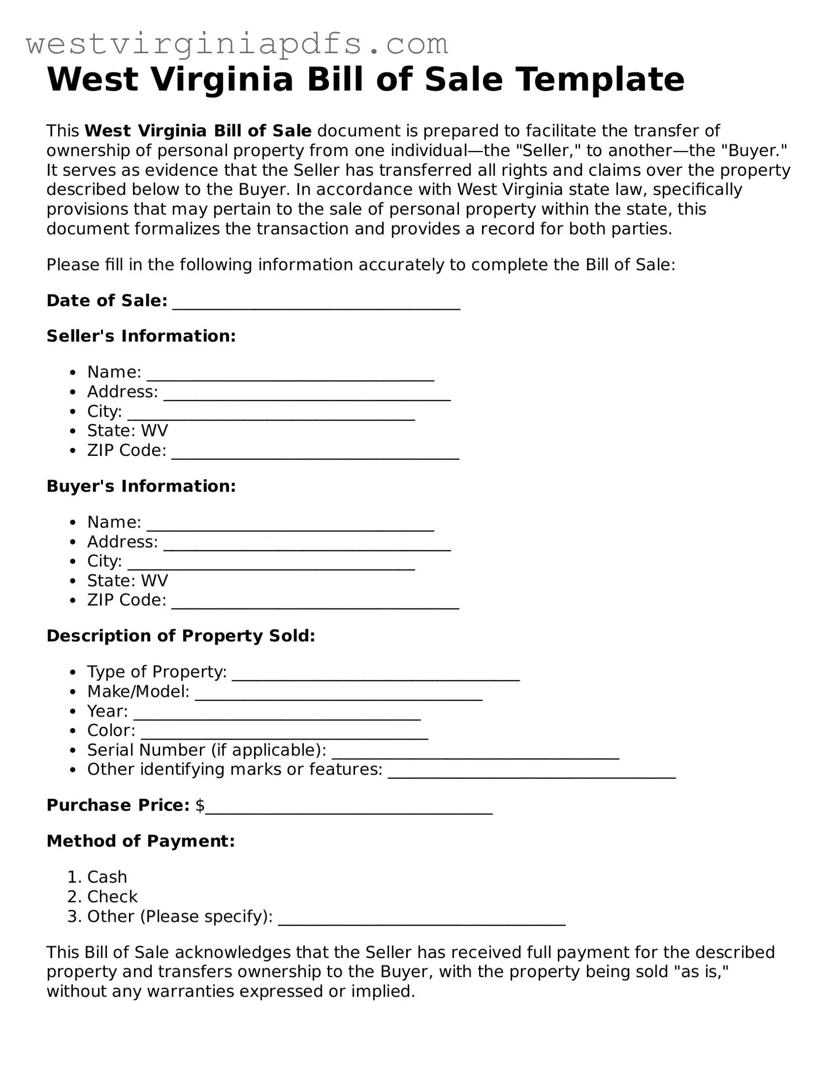 Free Bill of Sale Document for West Virginia State