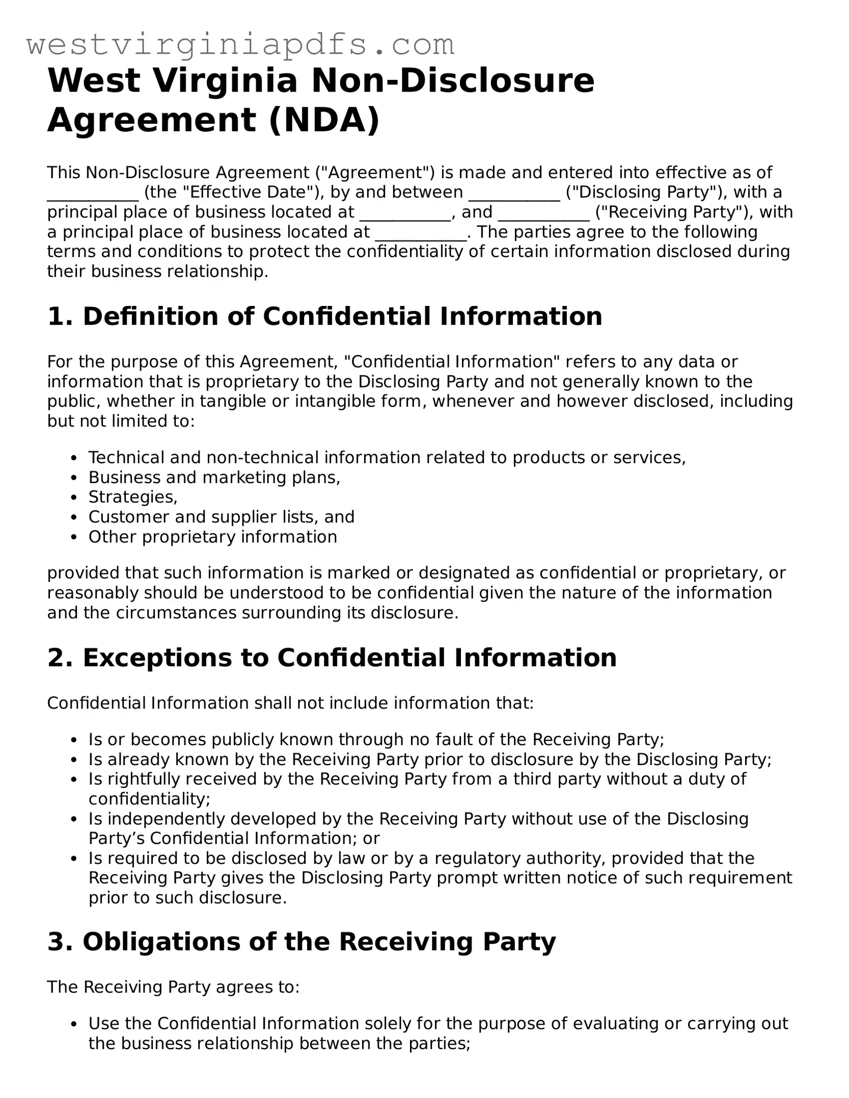 Free Non-disclosure Agreement Document for West Virginia State