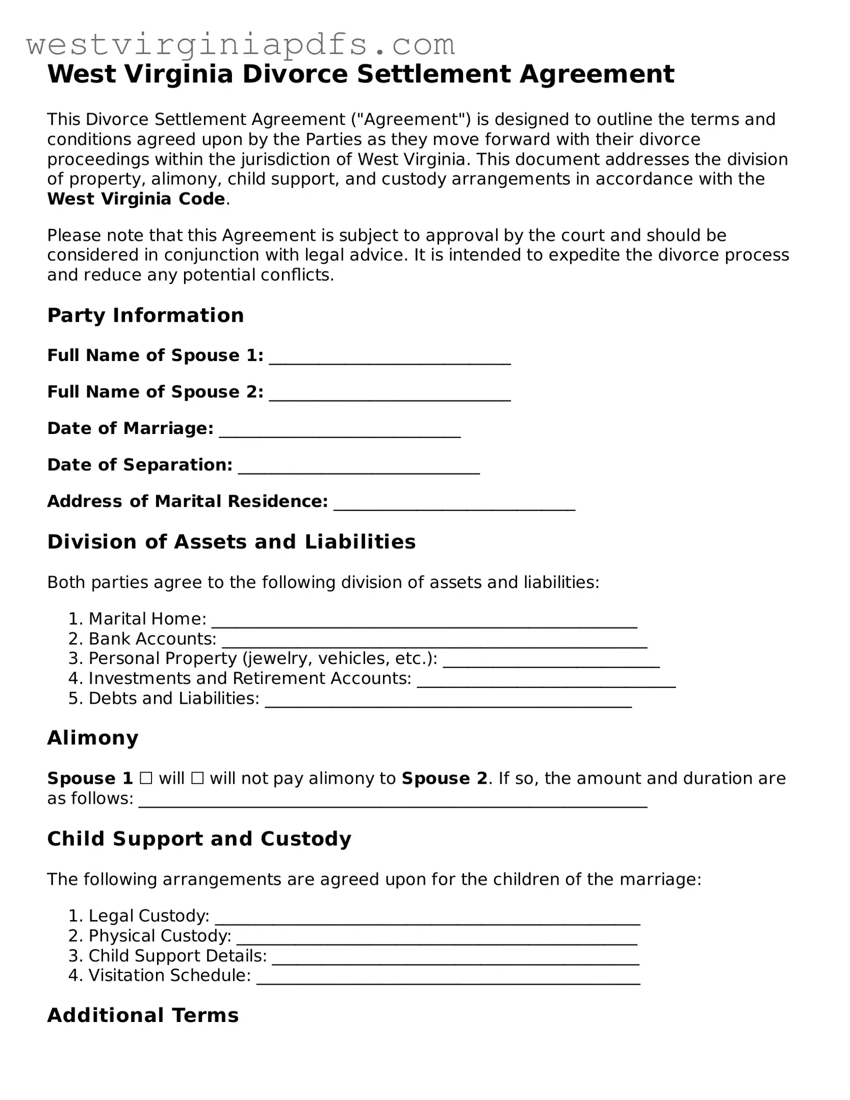 Free Divorce Settlement Agreement Document for West Virginia State