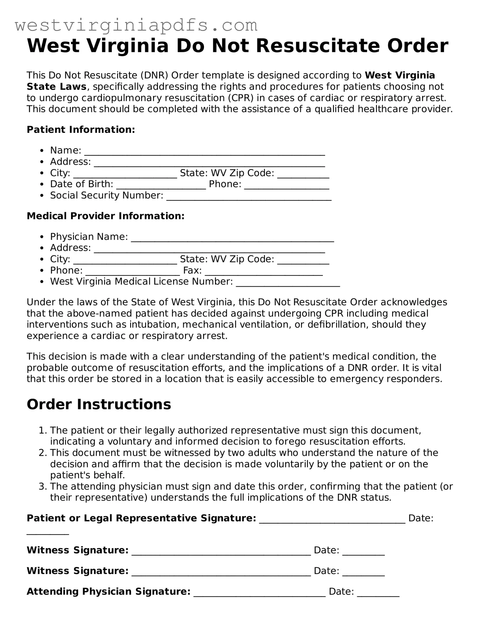 Free Do Not Resuscitate Order Document for West Virginia State