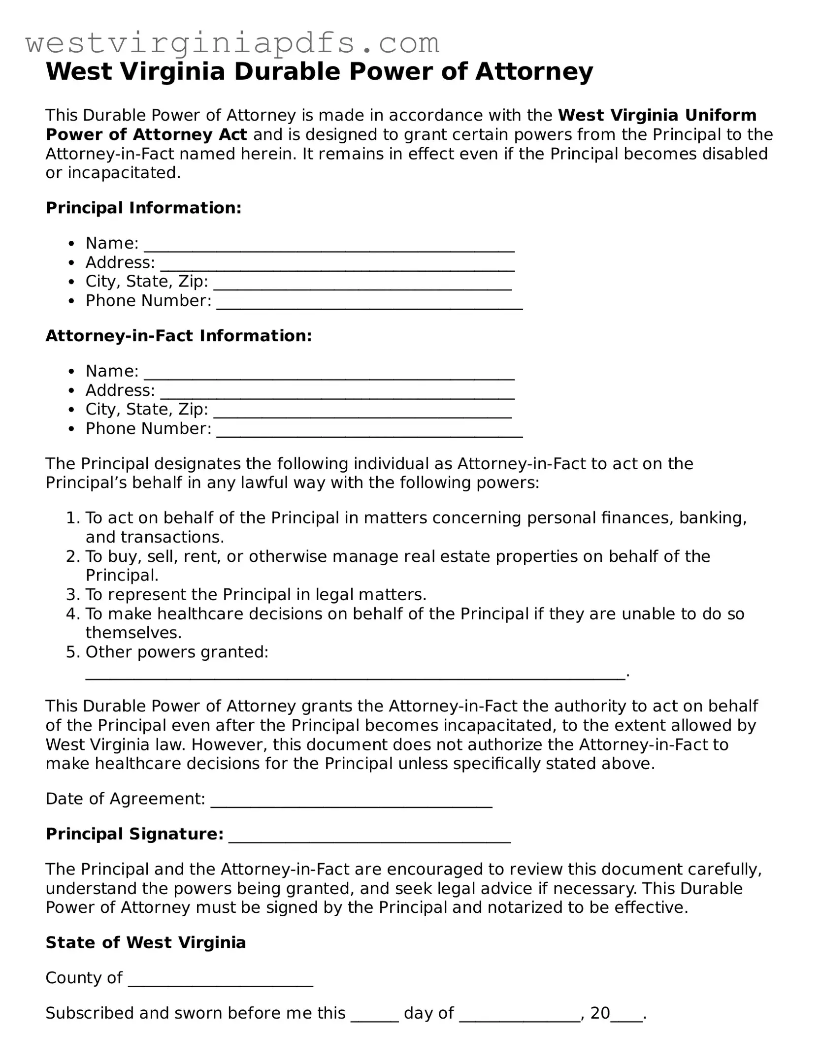 Free Durable Power of Attorney Document for West Virginia State