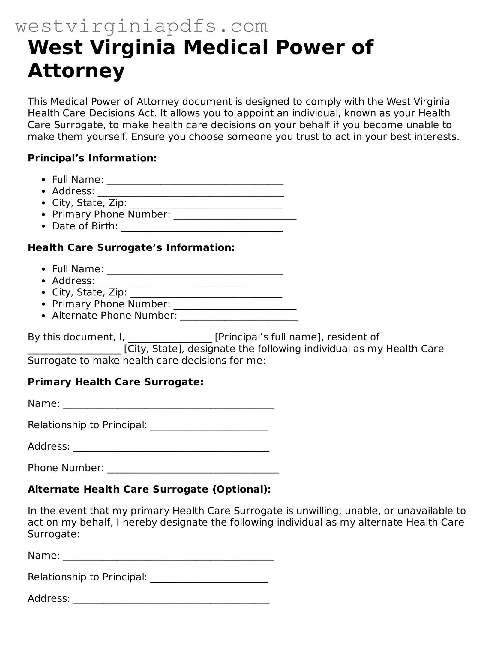 Free Medical Power of Attorney Document for West Virginia State