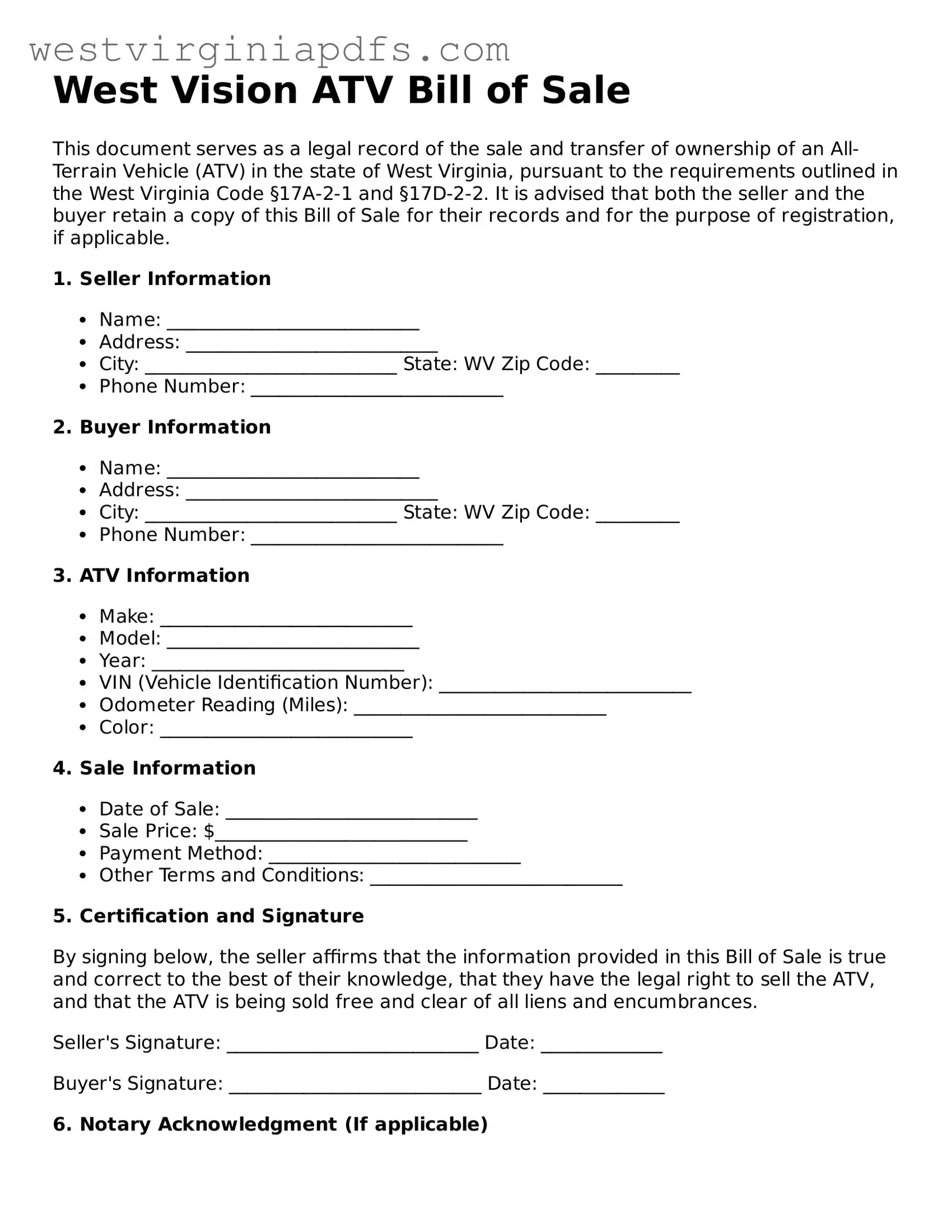 Free ATV Bill of Sale Document for West Virginia State