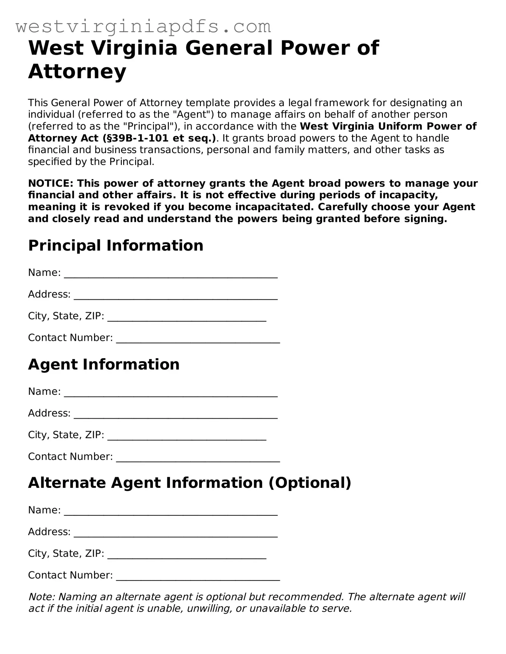 Free General Power of Attorney Document for West Virginia State