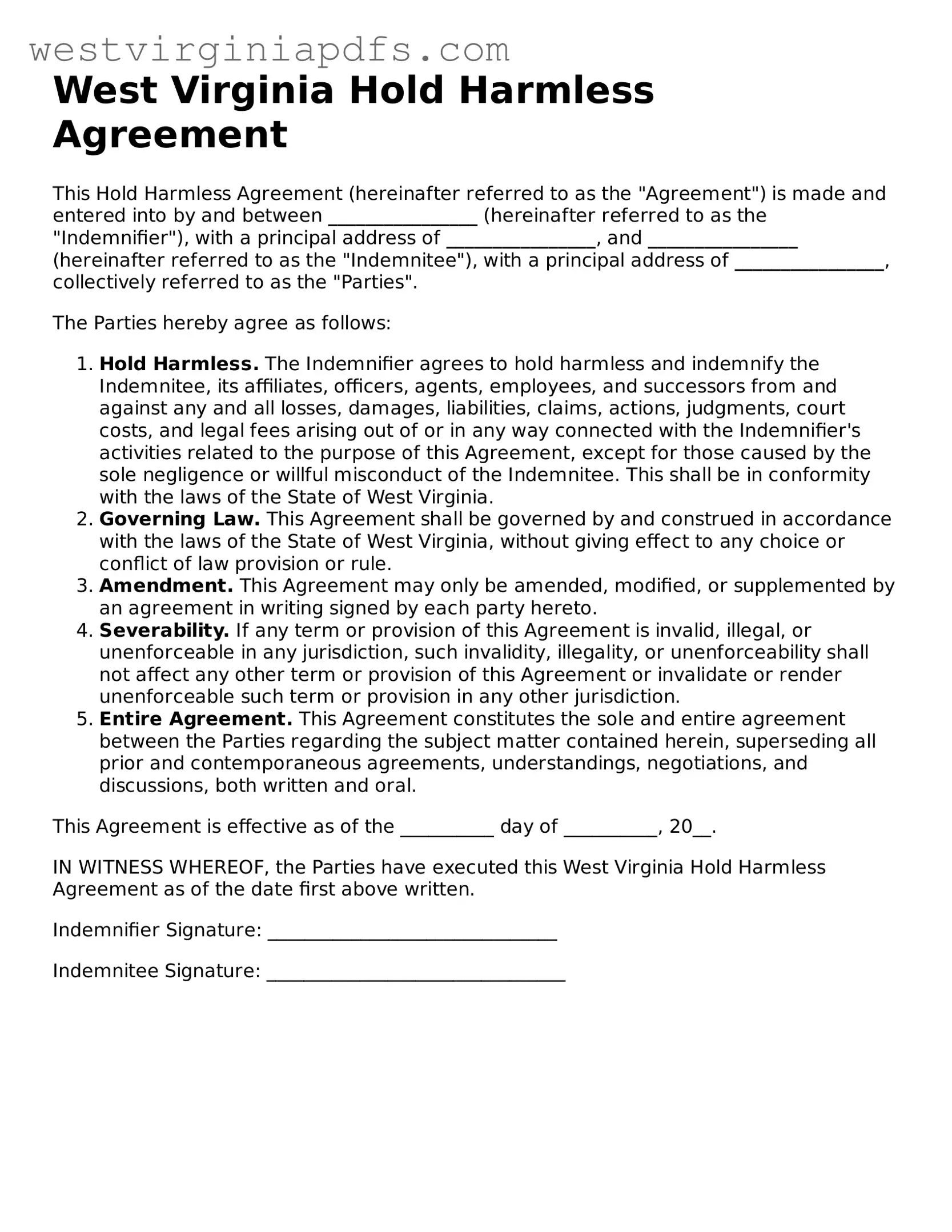 Free Hold Harmless Agreement Document for West Virginia State