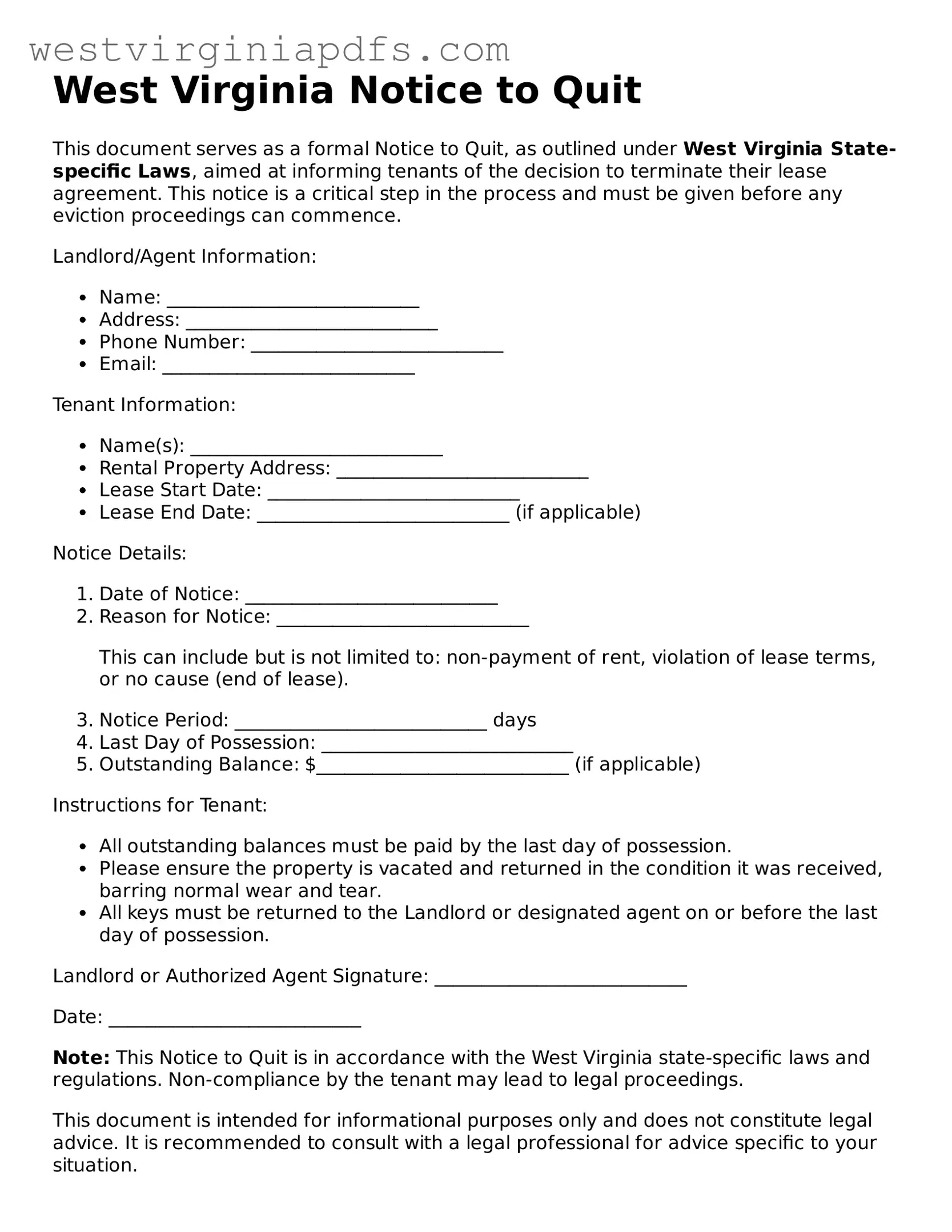 Free Notice to Quit Document for West Virginia State