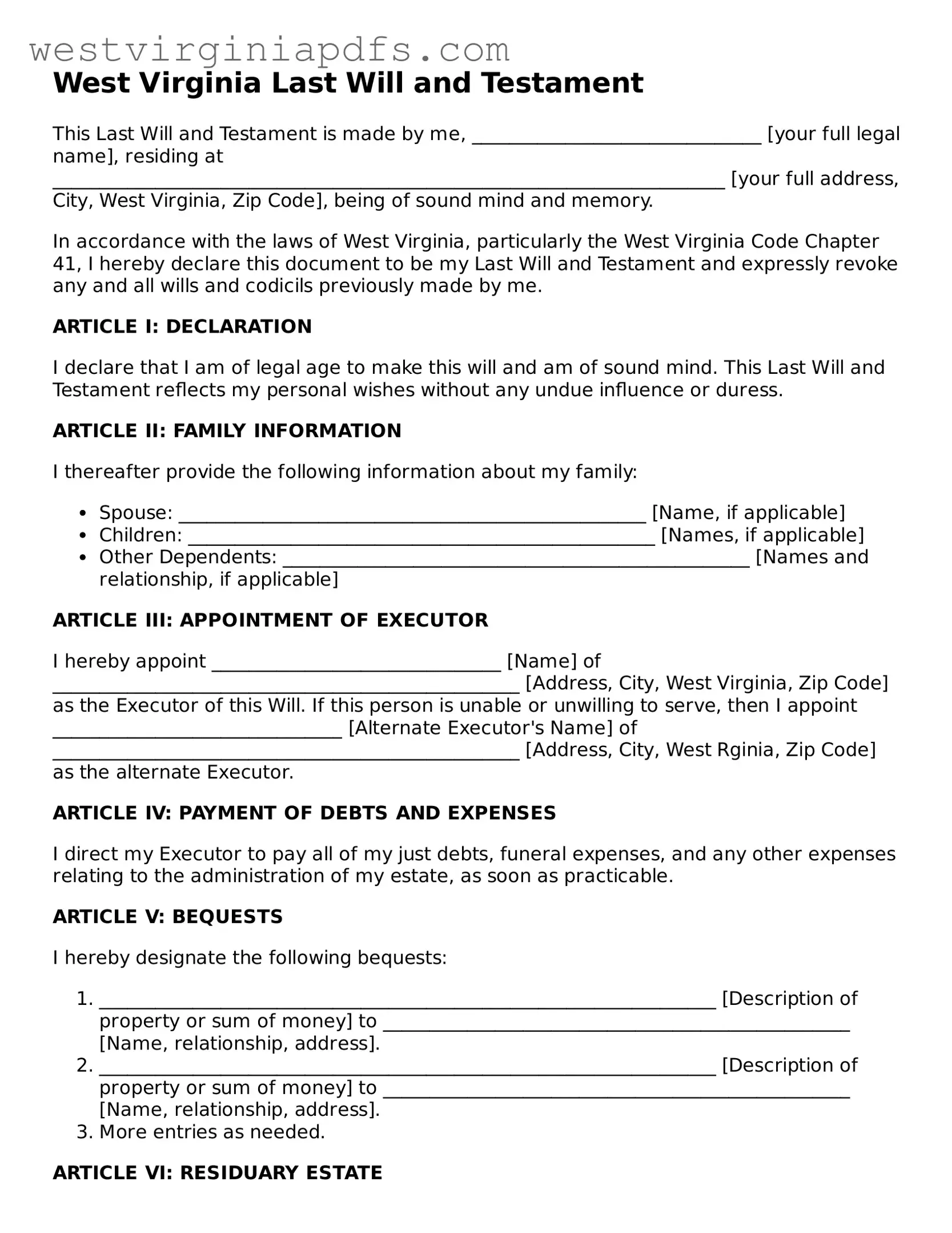 Free Last Will and Testament Document for West Virginia State