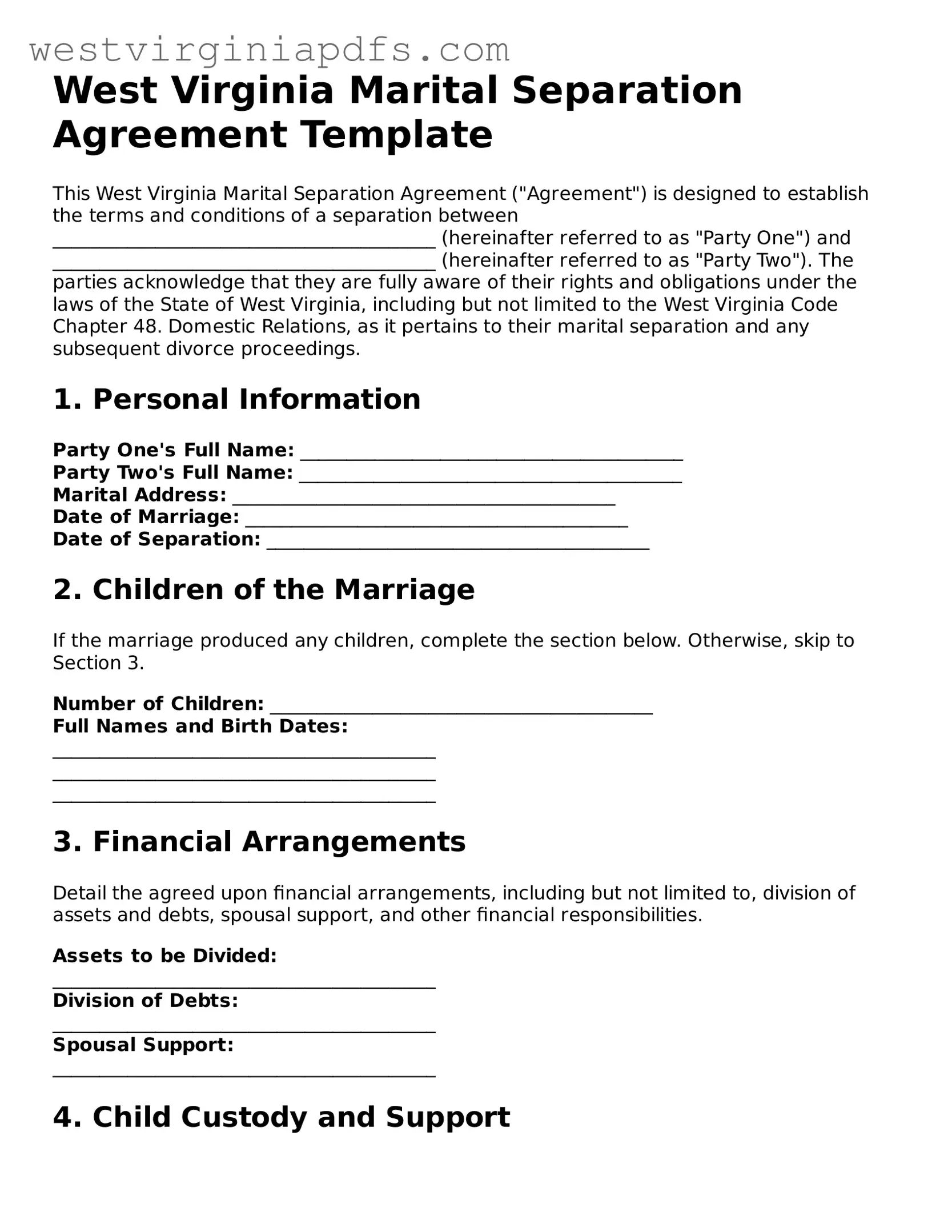 Free Marital Separation Agreement Document for West Virginia State