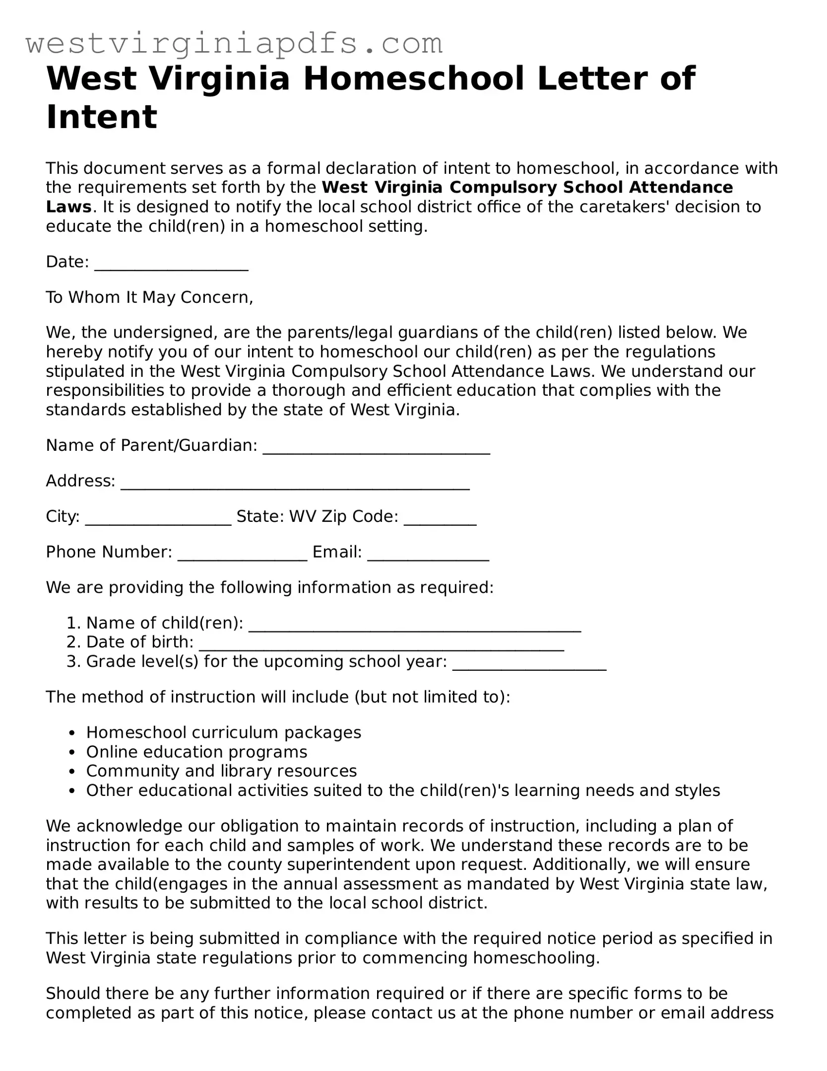 Free Homeschool Letter of Intent Document for West Virginia State