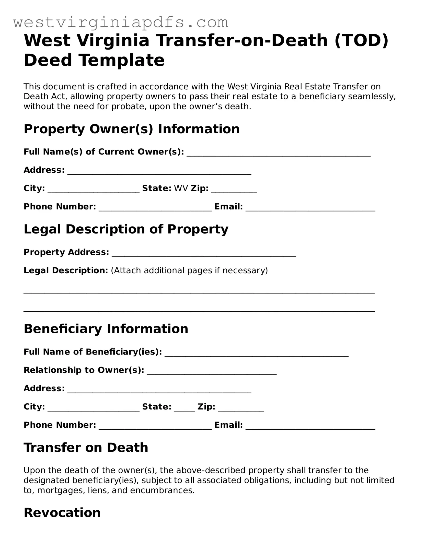 Free Transfer-on-Death Deed Document for West Virginia State