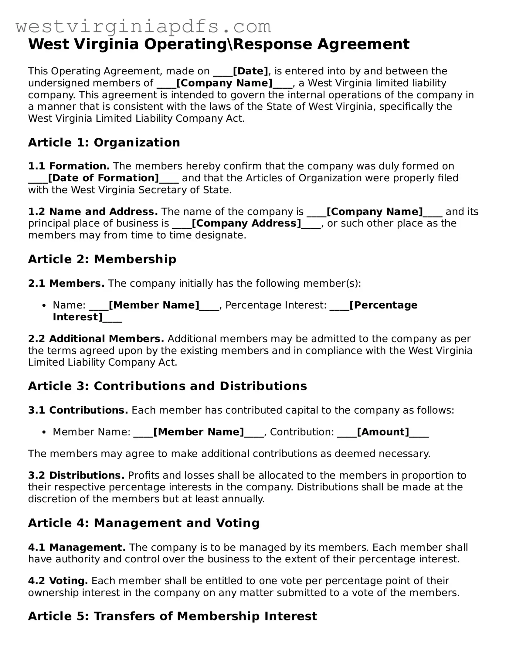 Free Operating Agreement Document for West Virginia State