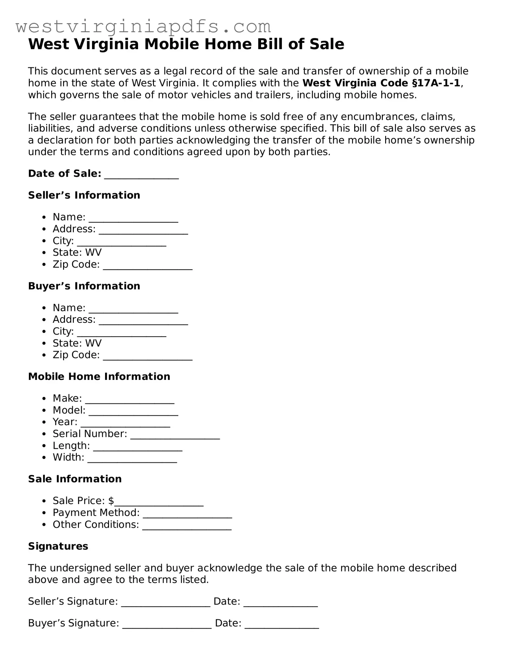 Free Mobile Home Bill of Sale Document for West Virginia State