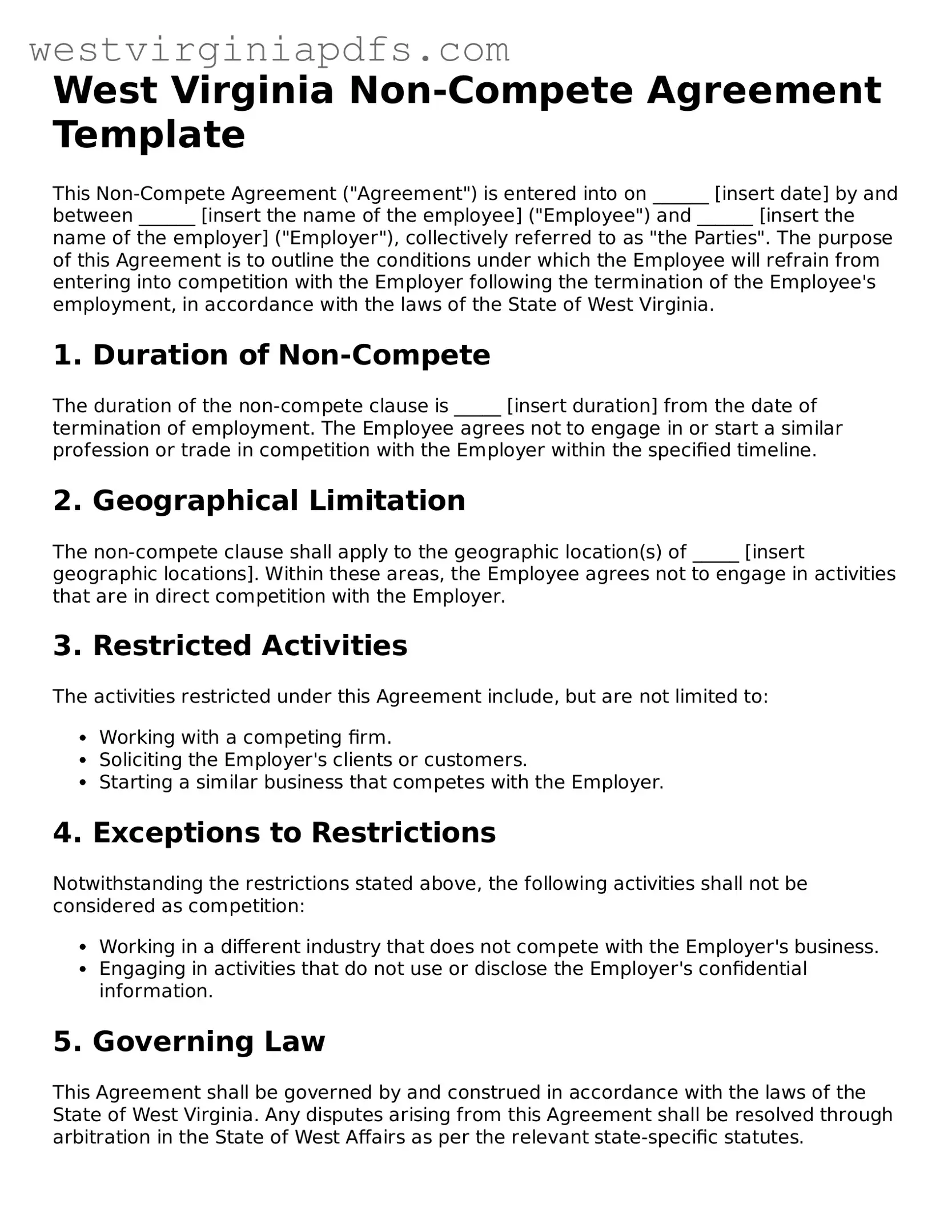 Free Non-compete Agreement Document for West Virginia State
