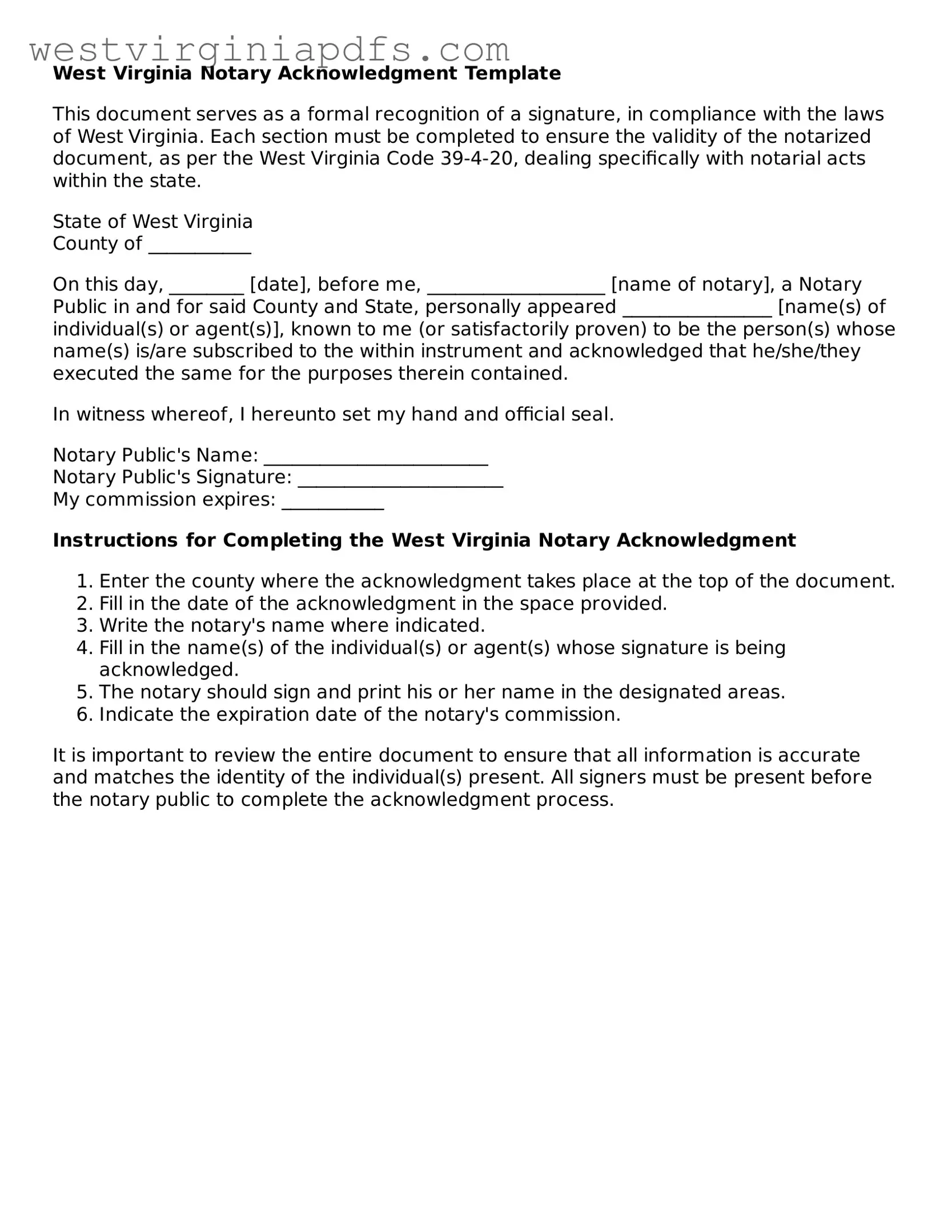 Free Notary Acknowledgement Document for West Virginia State