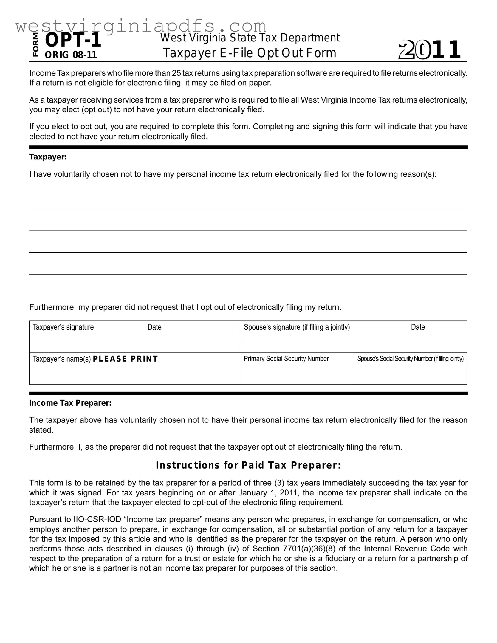 Fill Out a Valid West Virginia Opt 1 Form