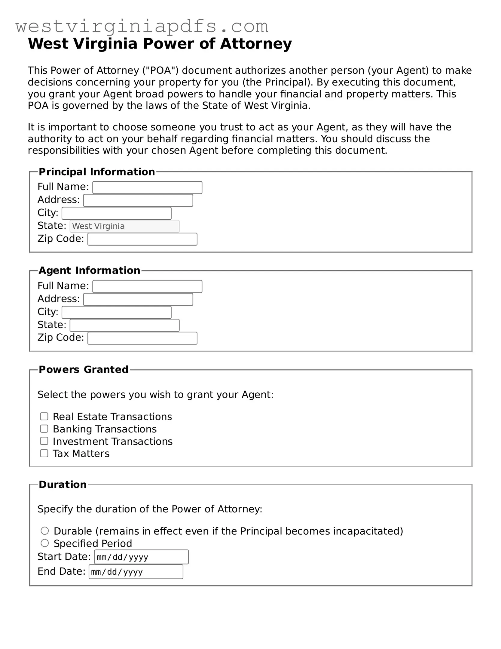 Free Power of Attorney Document for West Virginia State