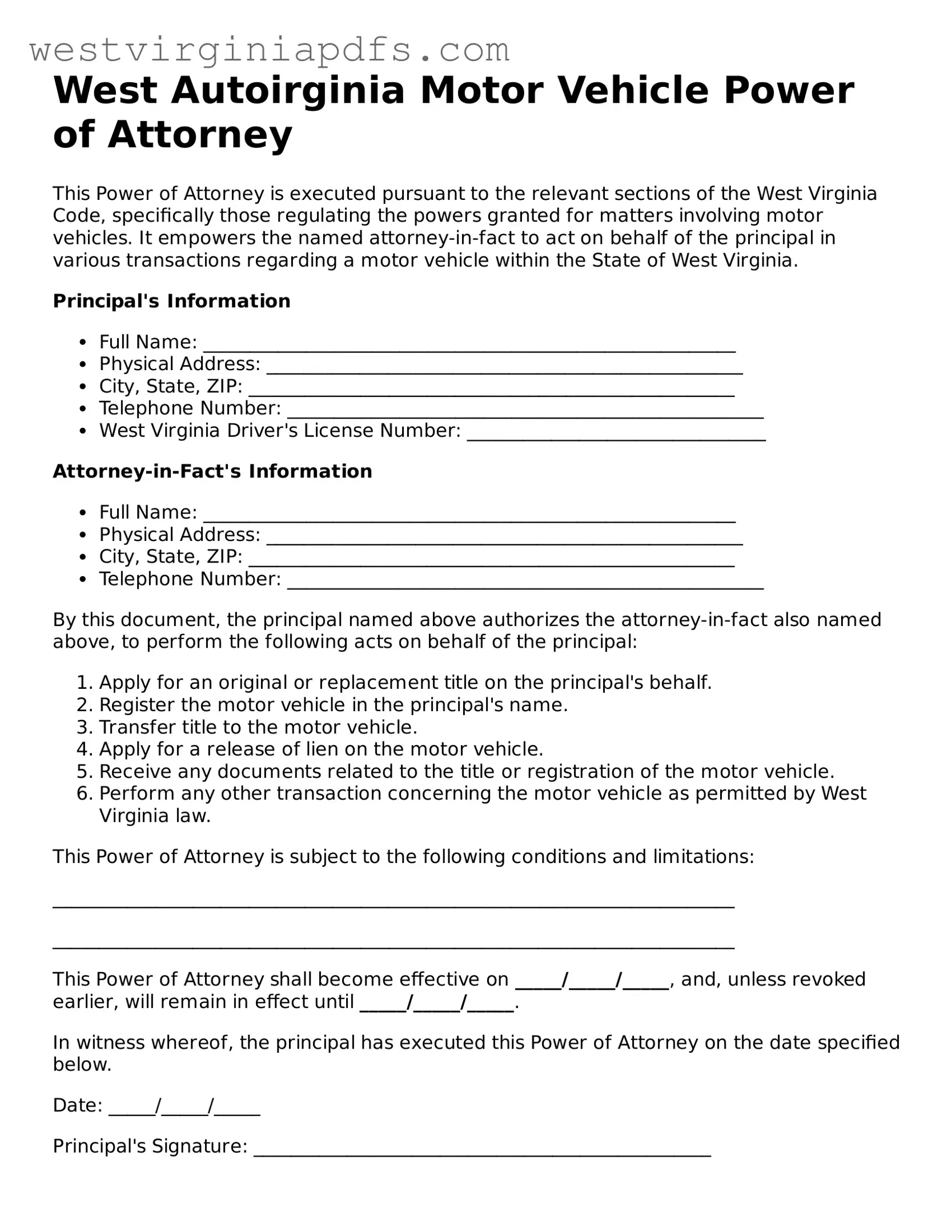 Free Motor Vehicle Power of Attorney Document for West Virginia State