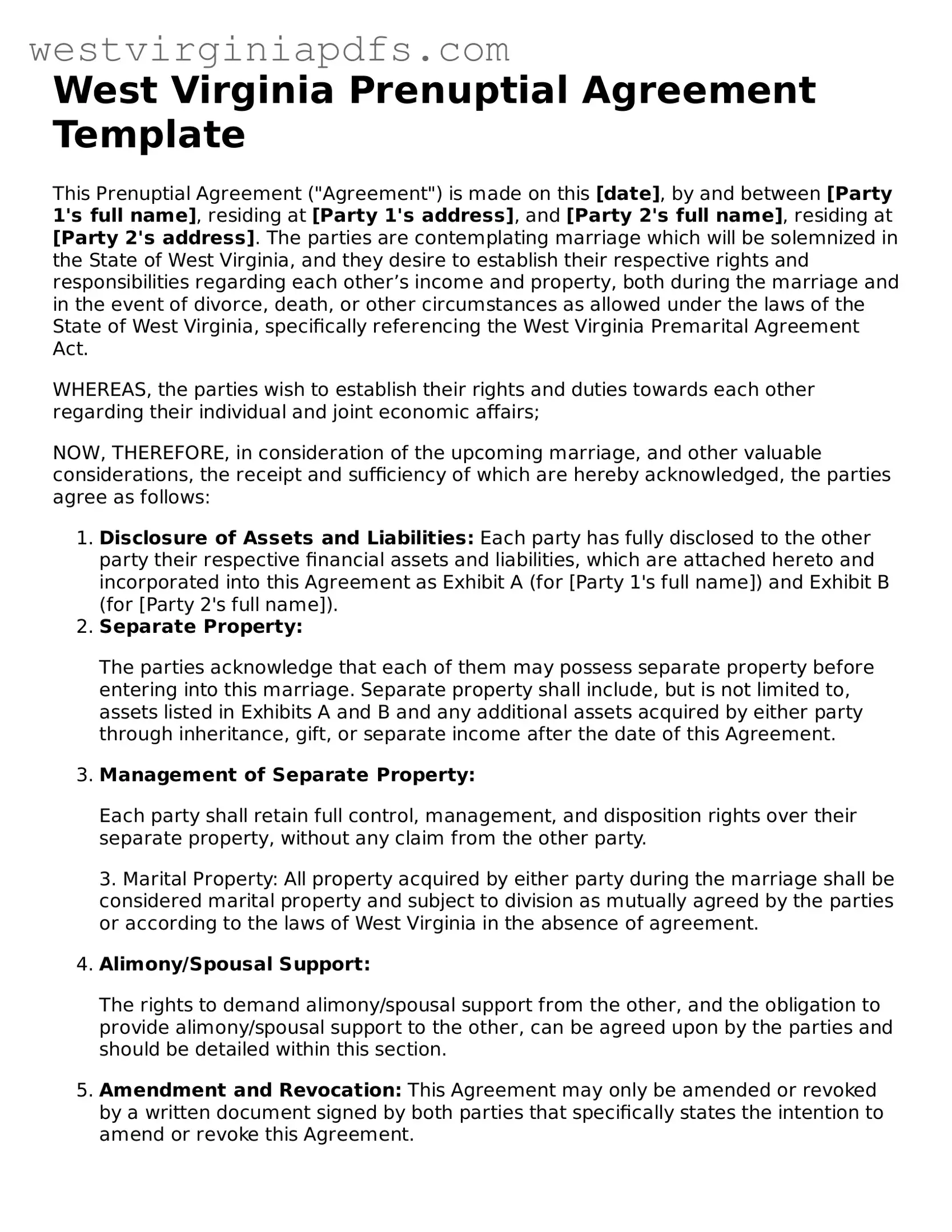 Free Prenuptial Agreement Document for West Virginia State
