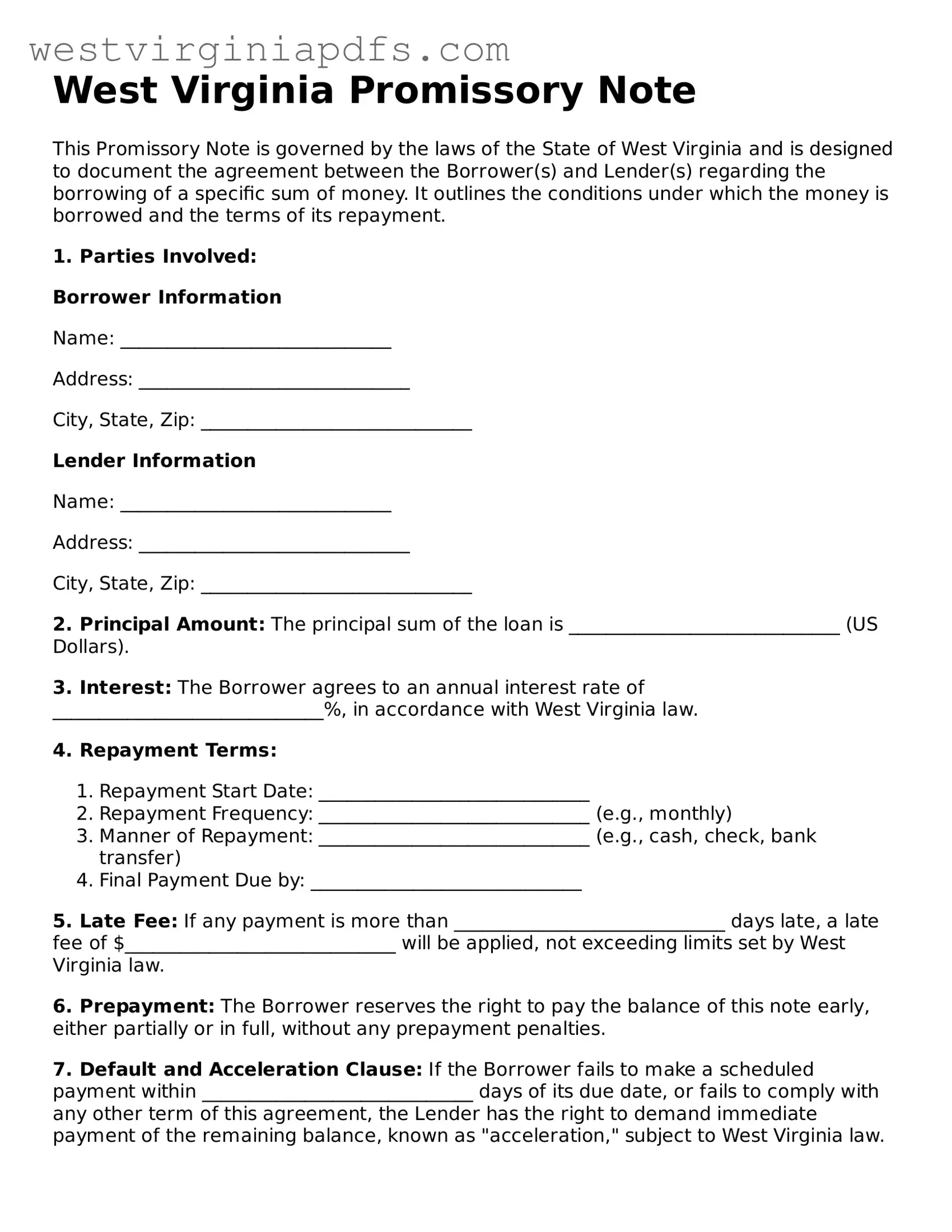Free Promissory Note Document for West Virginia State