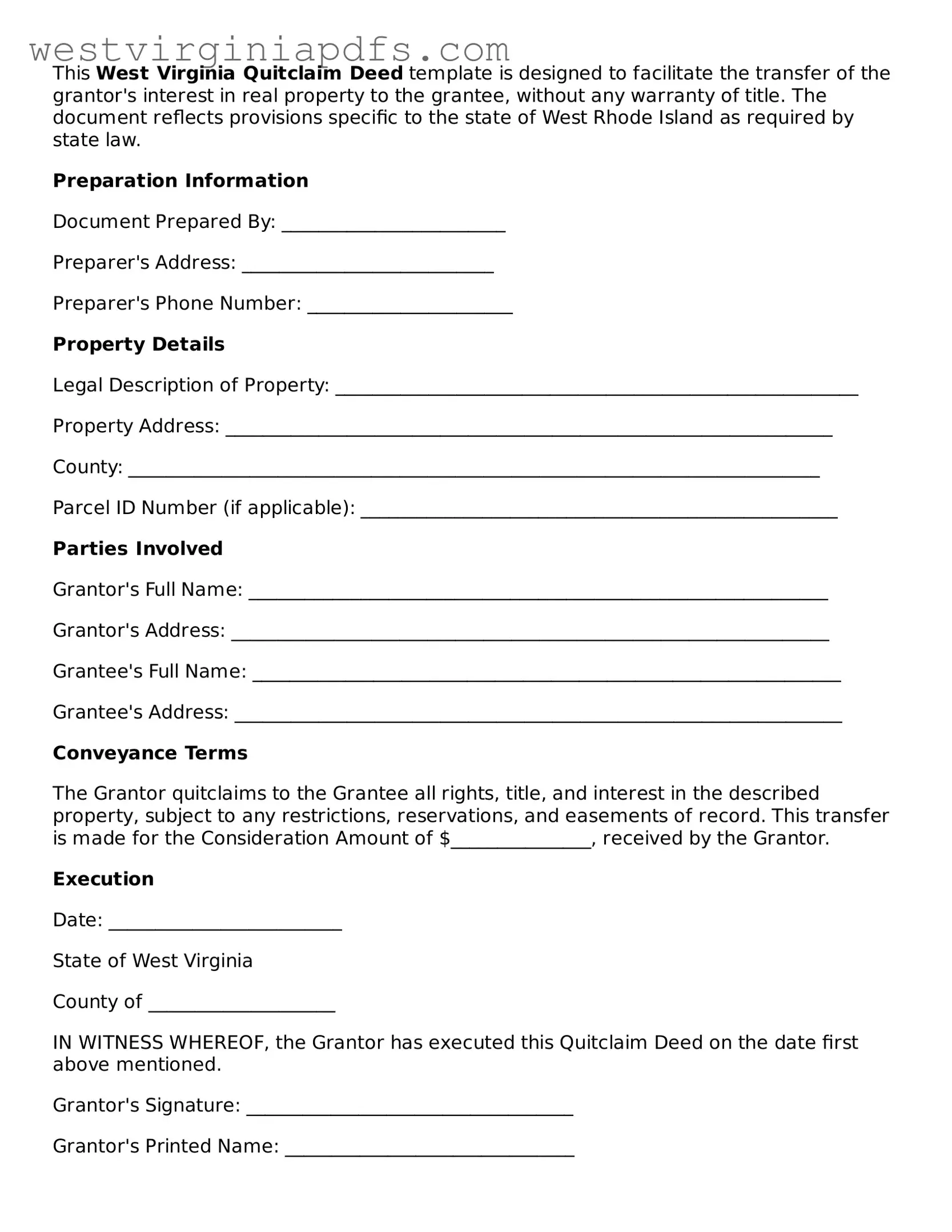 Free Quitclaim Deed Document for West Virginia State