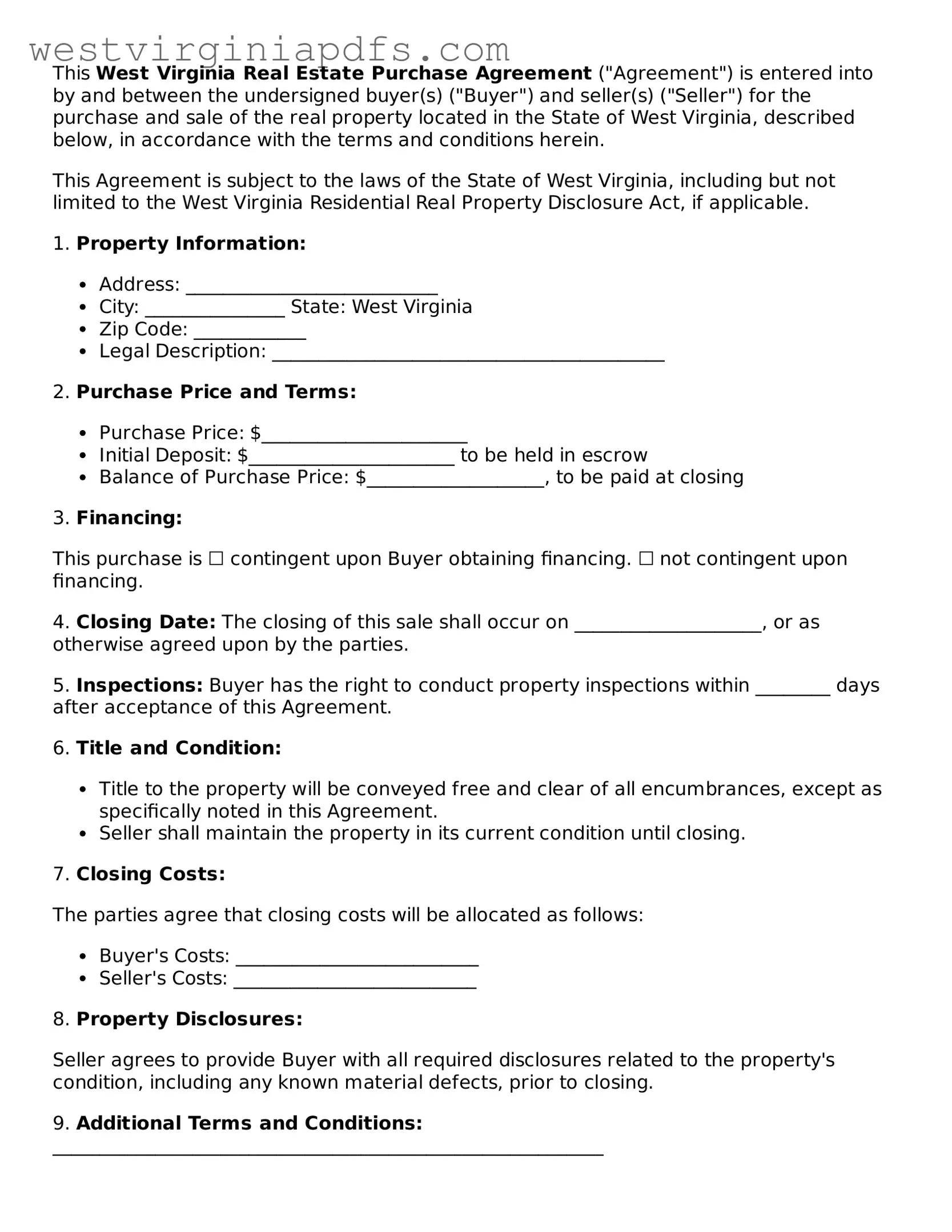 Free Real Estate Purchase Agreement Document for West Virginia State