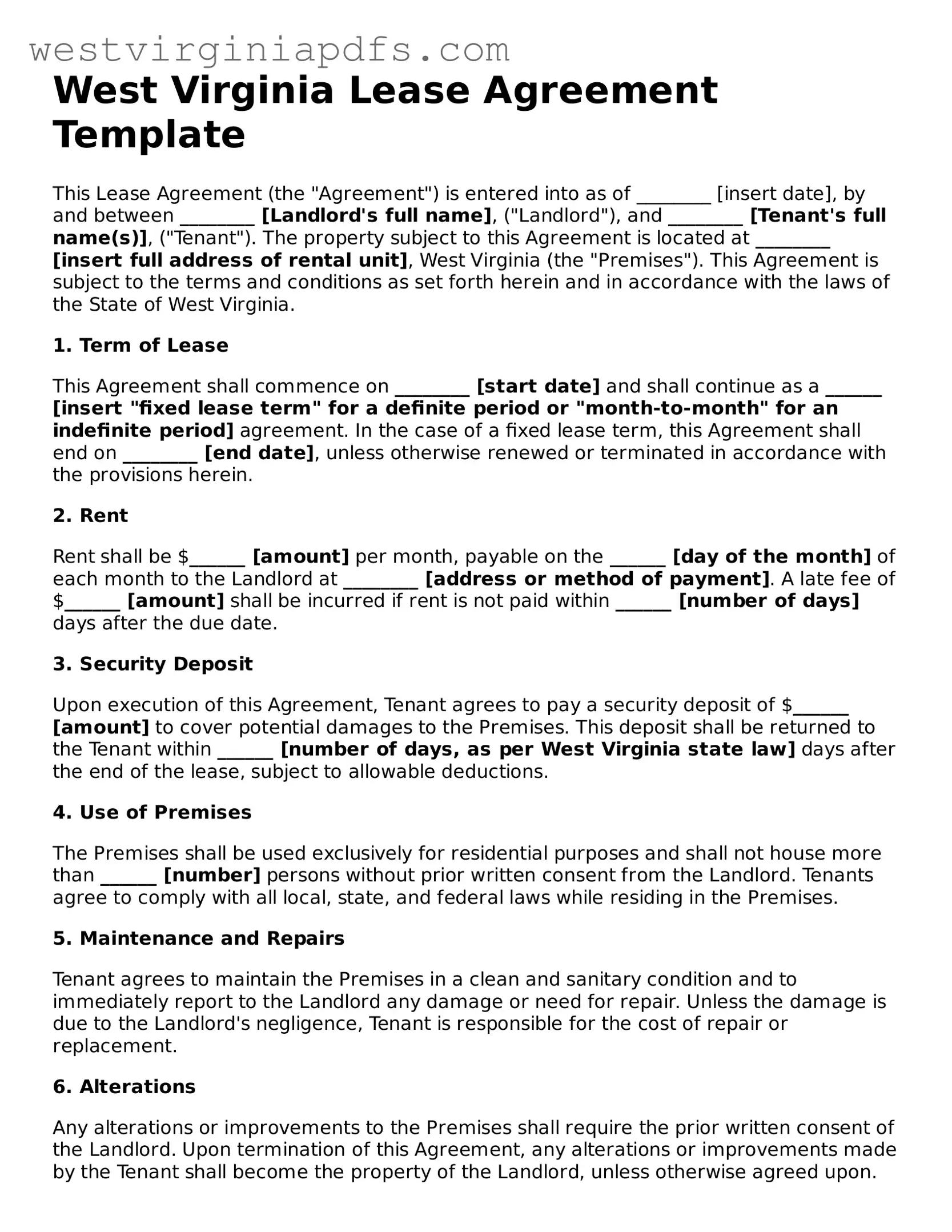 Free Lease Agreement Document for West Virginia State