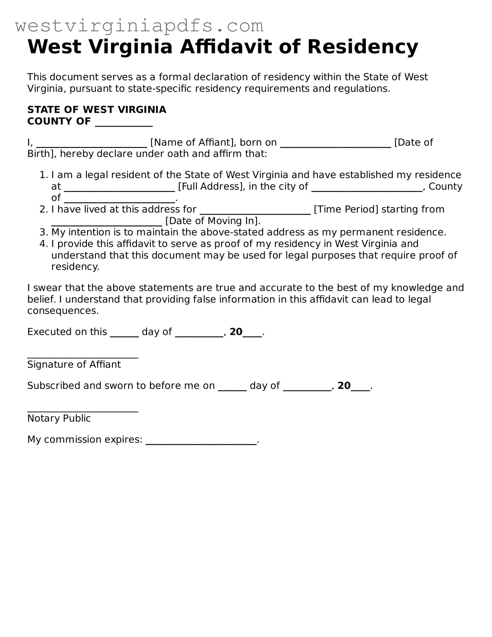 Free Affidavit of Residency Document for West Virginia State