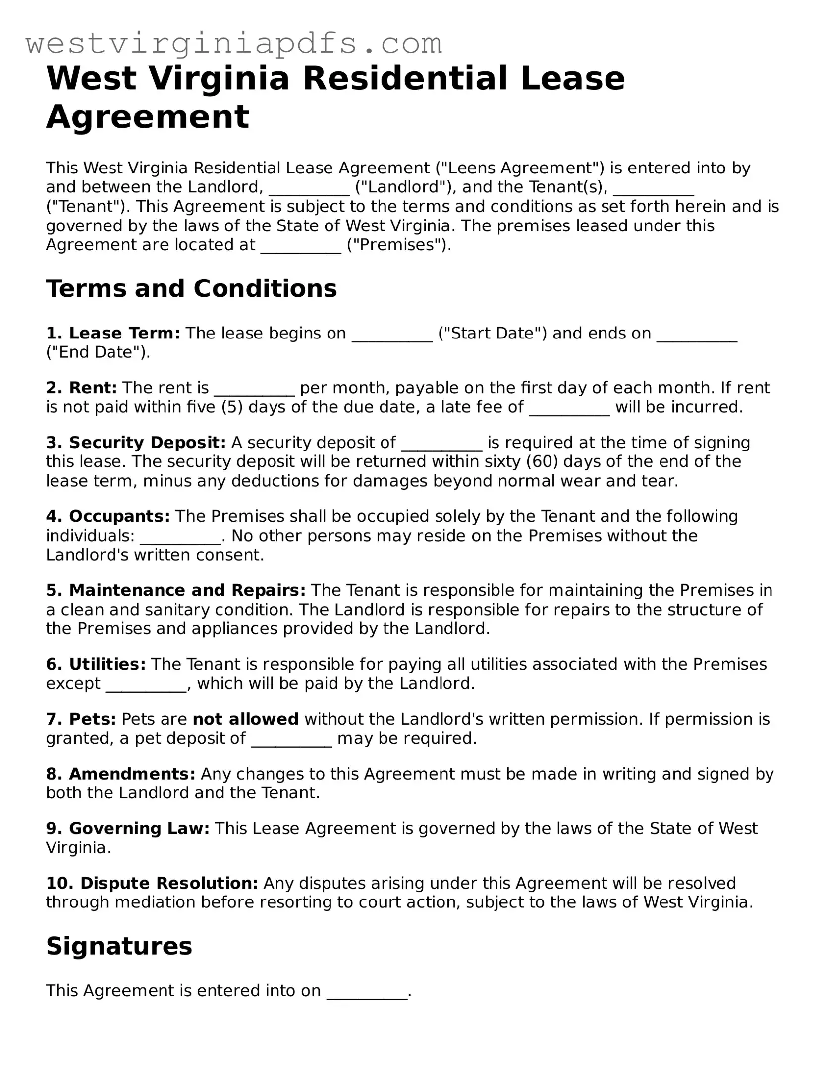 Free Residential Lease Agreement Document for West Virginia State