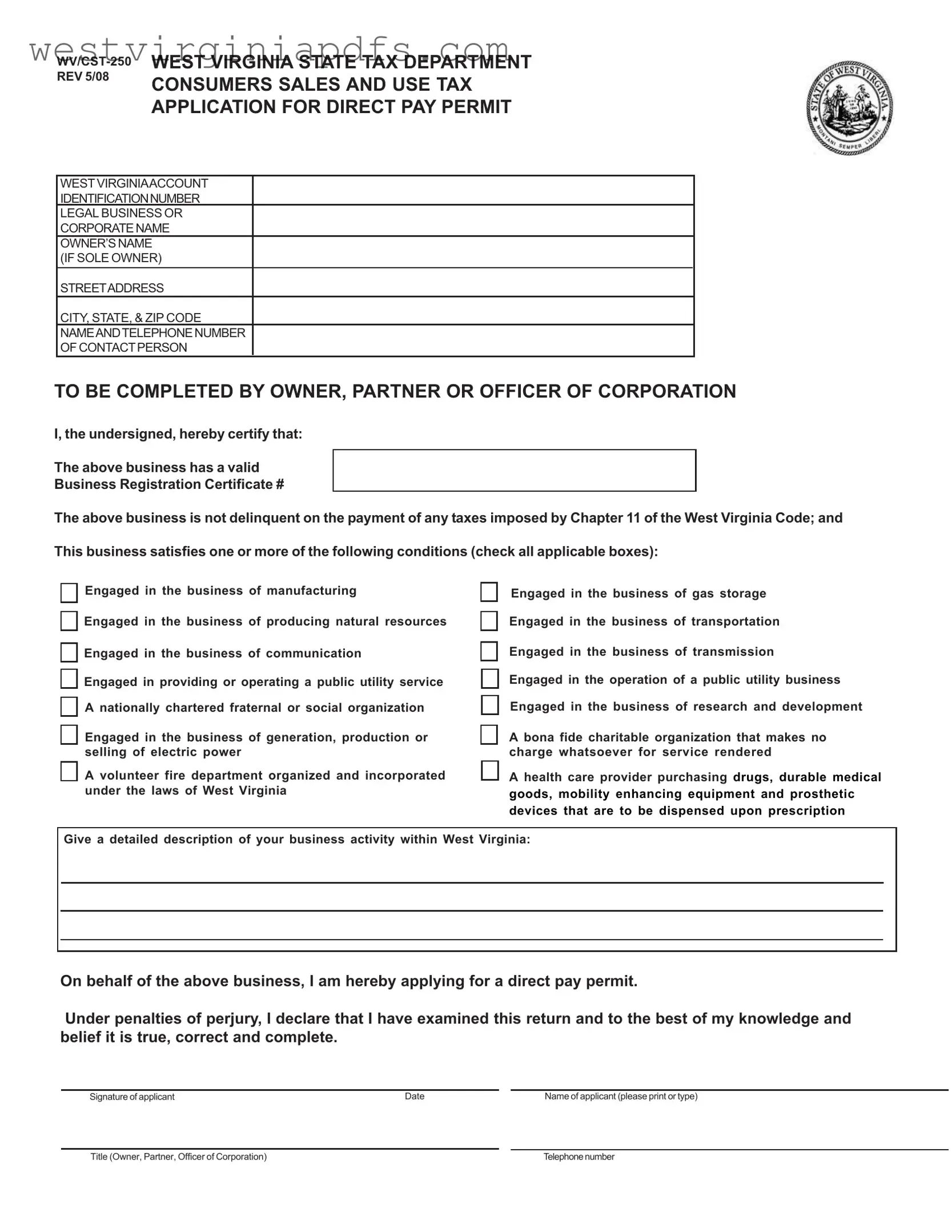 Fill Out a Valid Wv Cst 250 Form