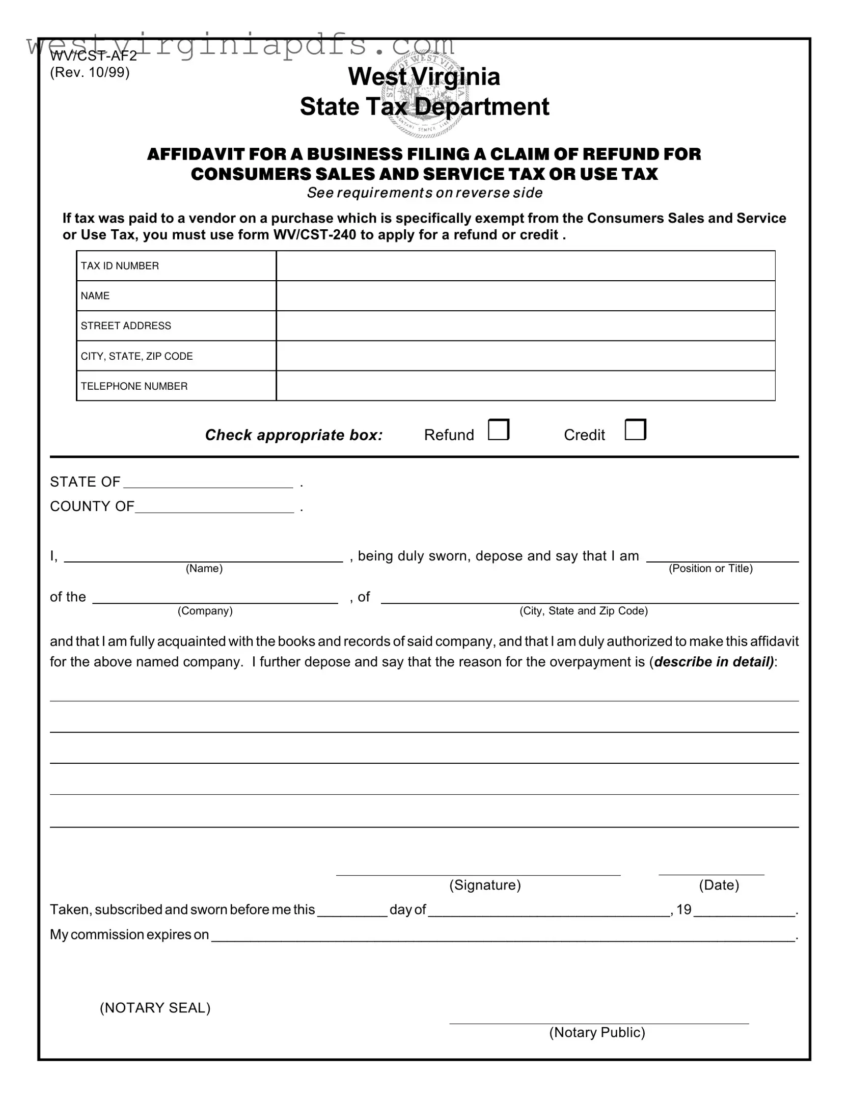 Fill Out a Valid Wv Cst Af2 Form